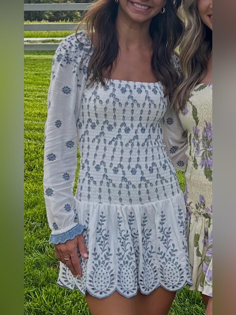 For Love Bell —  Embroidered White & Blue Smocked Mini Dress with sleeves